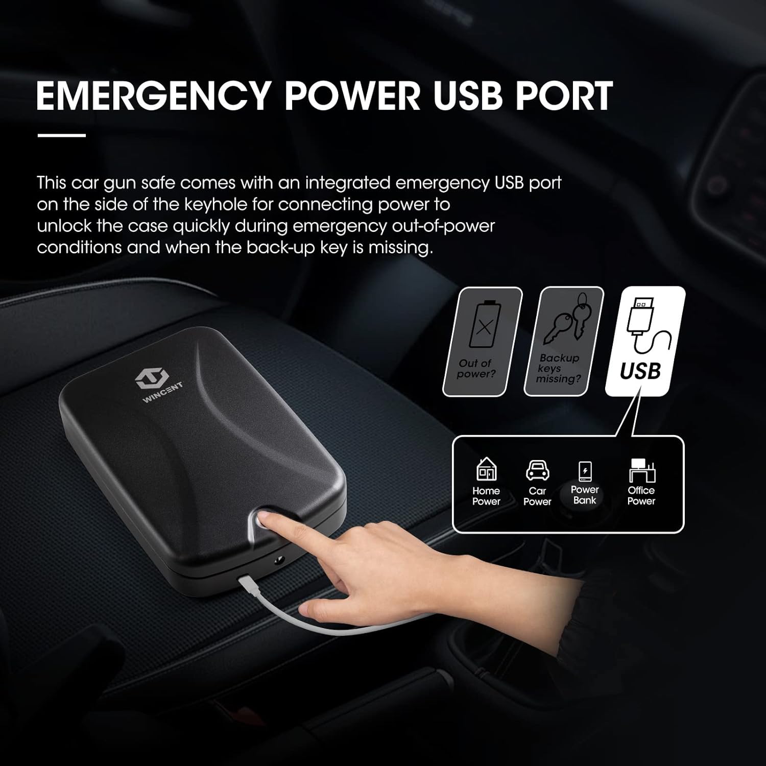 WINCENT Elite Portable Gun Safe with Emergency Type-C Lithium Battery & Override Key