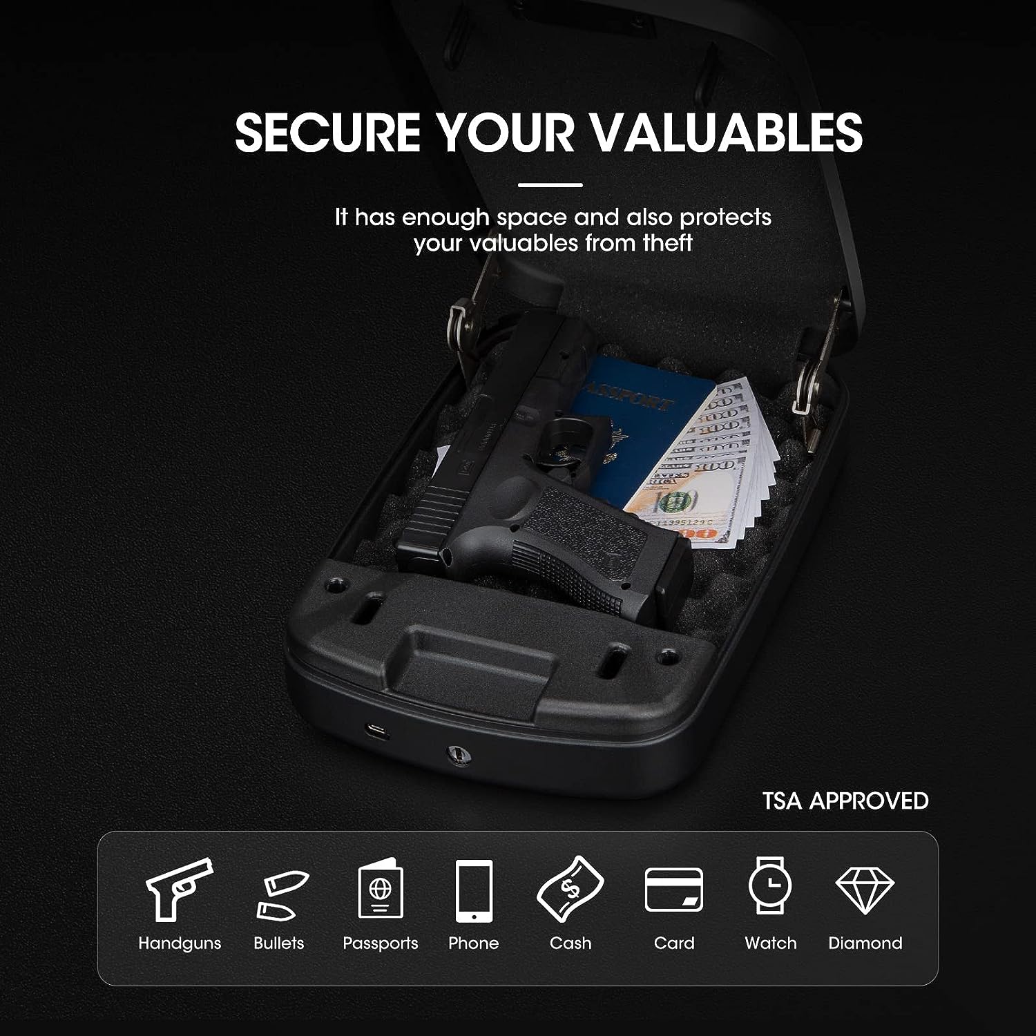 WINCENT Elite Portable Gun Safe with Emergency Type-C Lithium Battery & Override Key