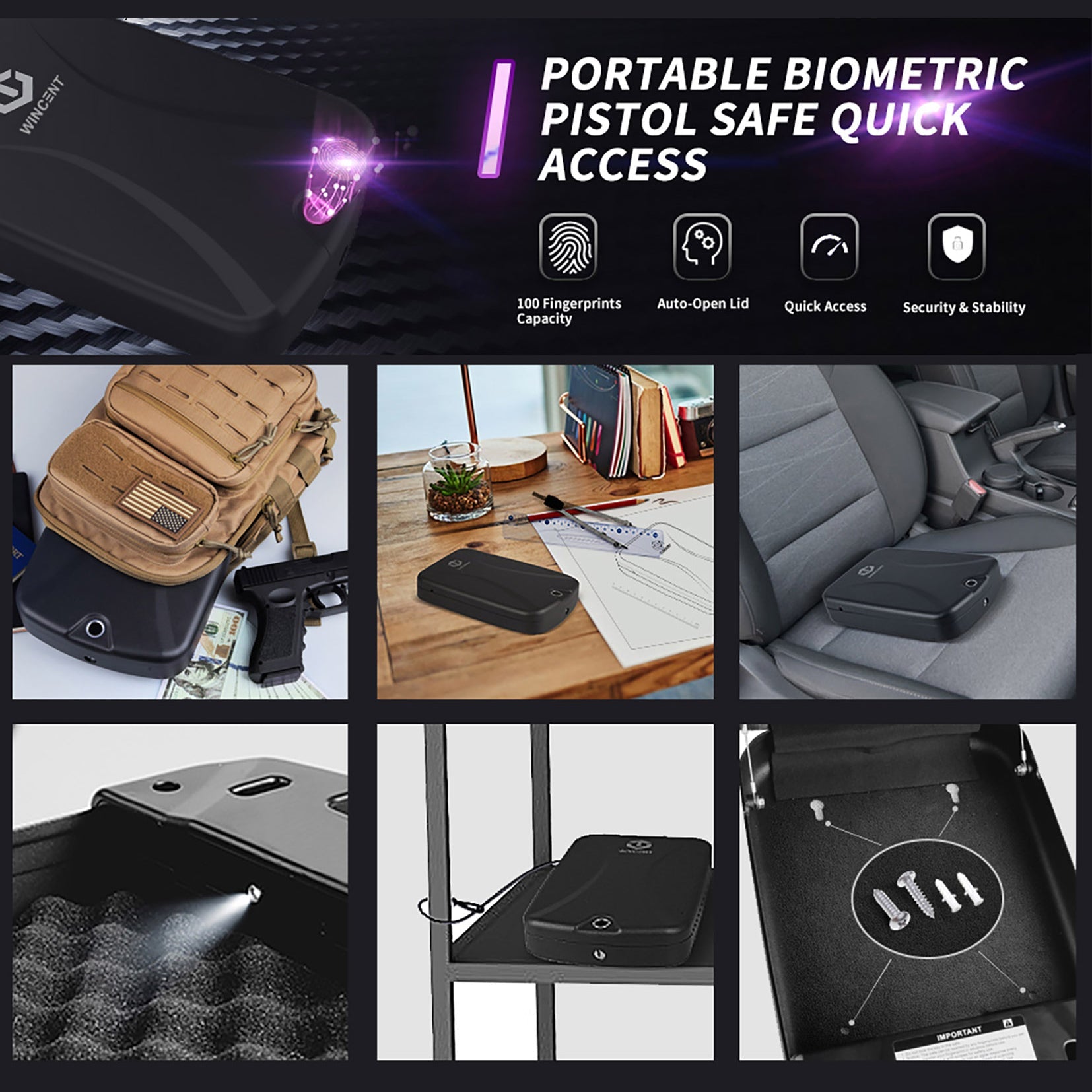 WINCENT Elite Portable Gun Safe with Emergency Type-C Lithium Battery & Override Key